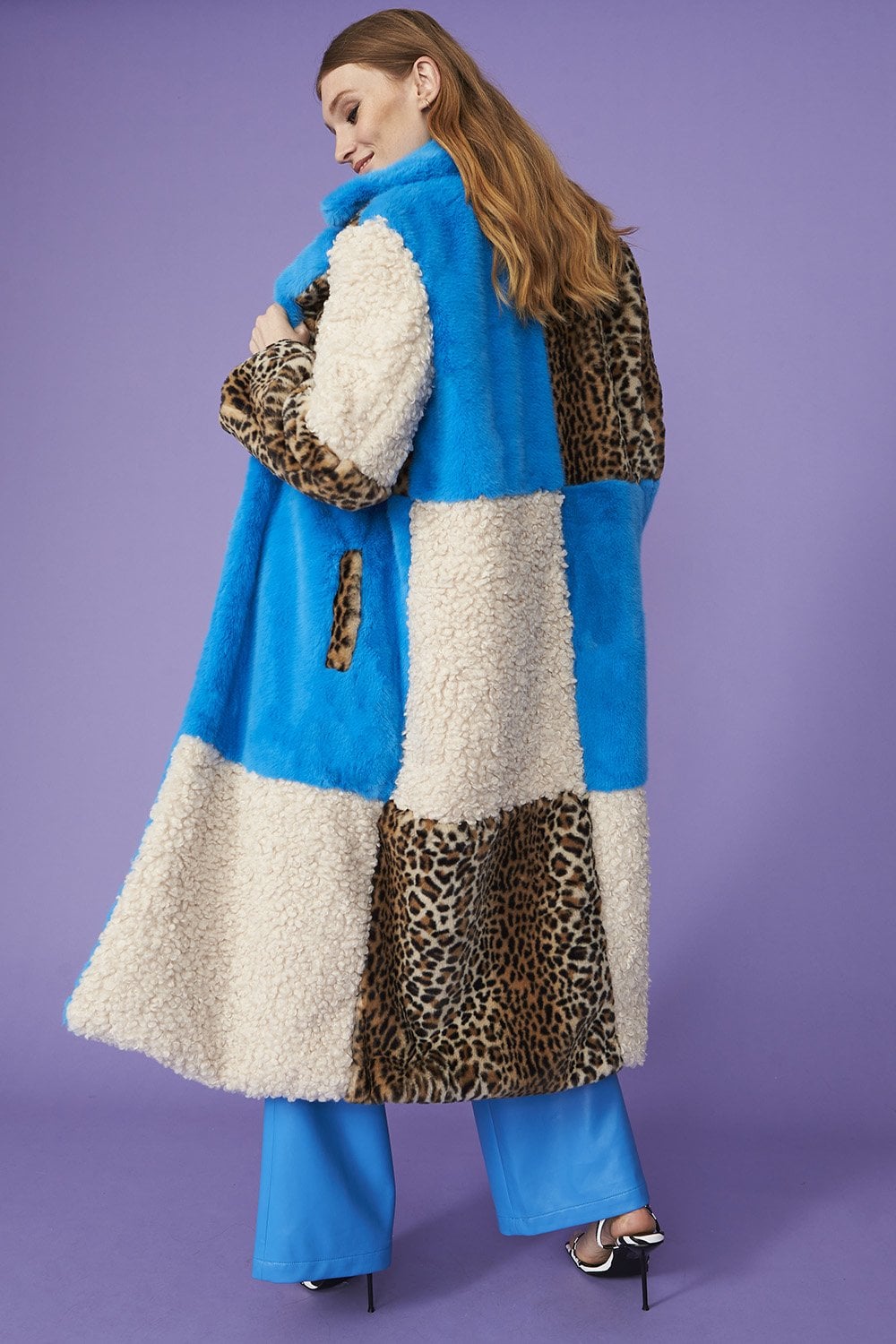 Jayley Maxi checked leopard print and shearling faux fur coat