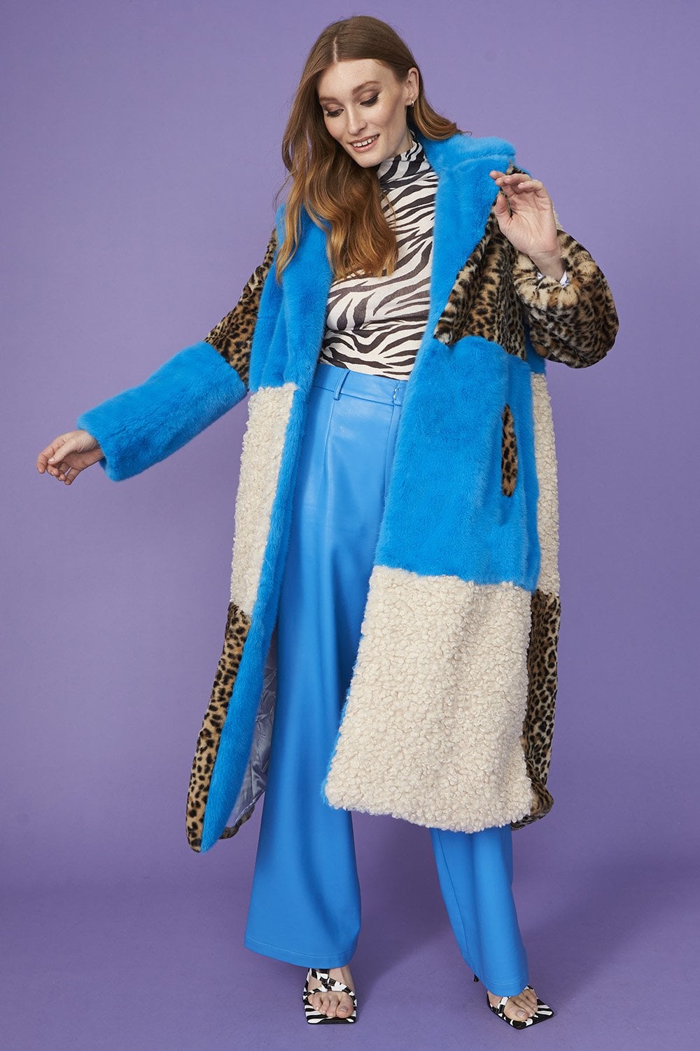 Jayley Maxi checked leopard print and shearling faux fur coat