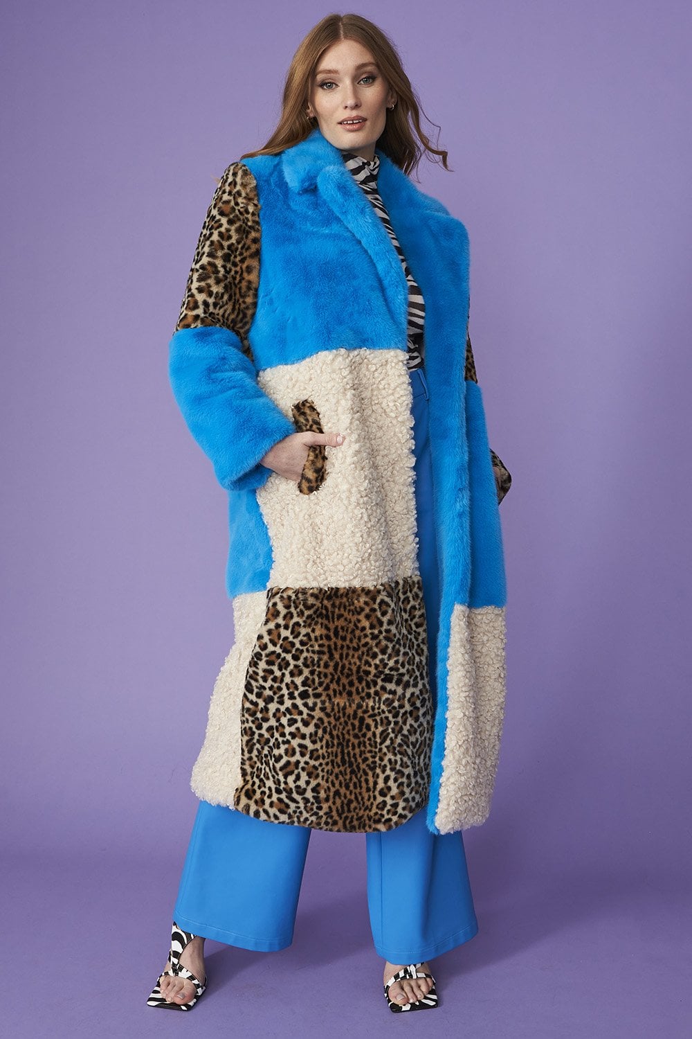 Jayley Maxi checked leopard print and shearling faux fur coat