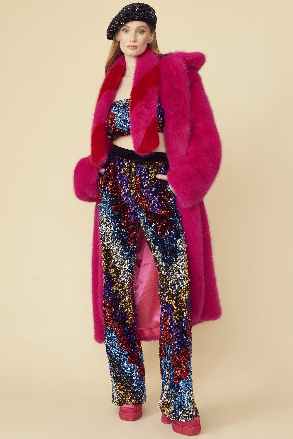 JAYLEY Pink Knitted Bamboo Faux Fur Maxi Coat