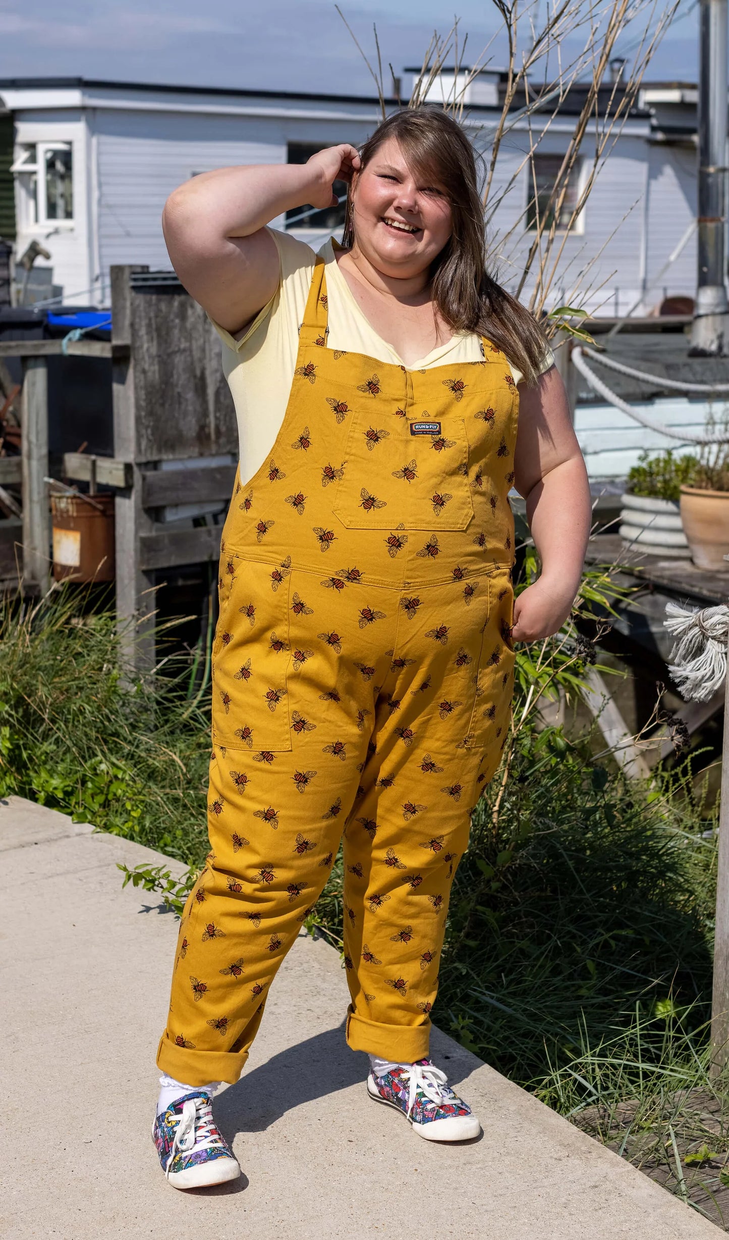 Run & Fly Gold bee stretch twill dungarees