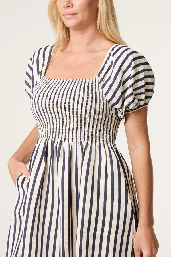 Nova London Pinstripe square neck puff dress