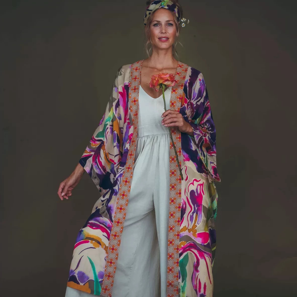 Powder Iris Sage Long Kimono Gown