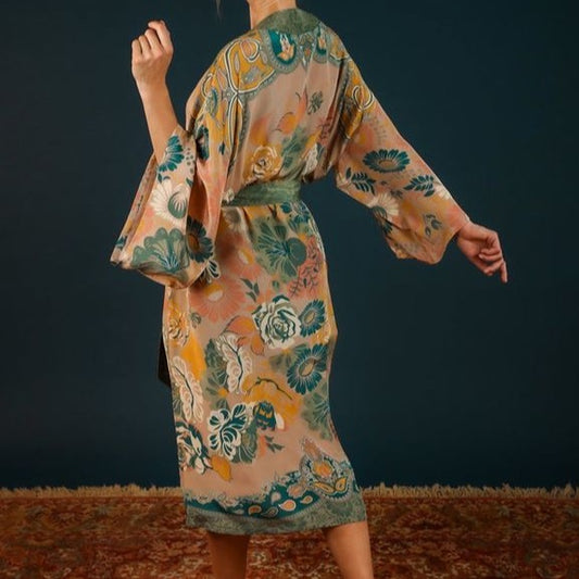 Powder Trailing Floral Pink Kimono Gown