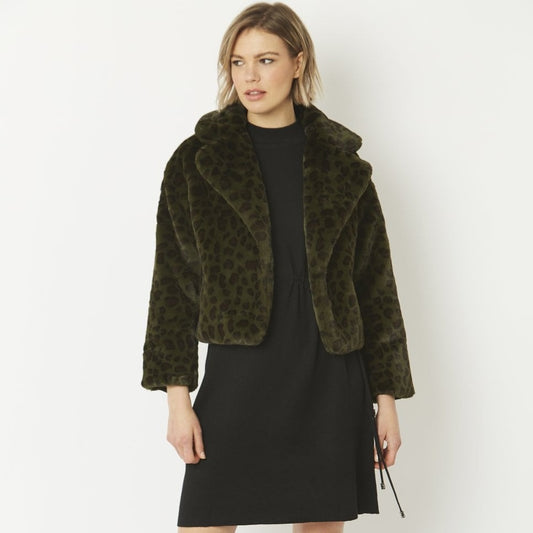 Jayley Dark Green Animal cropped Faux fur coat