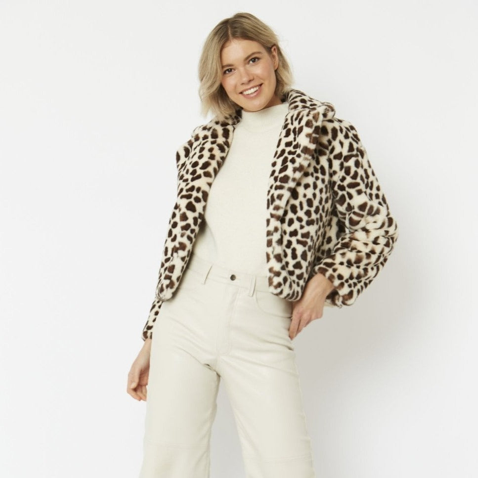 JAYLEY Animal Print Faux Fur Cropped Coat