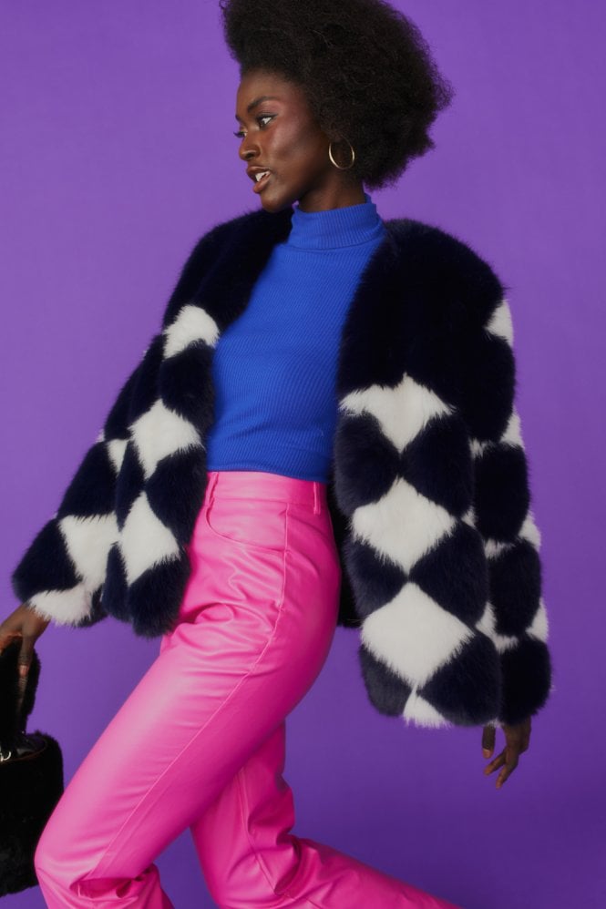 Jayley delilah dimond faux fur jacket navy and white