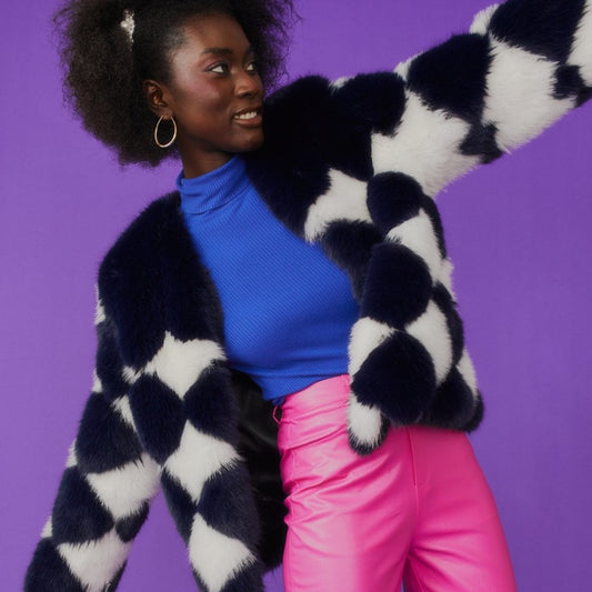 Jayley delilah dimond faux fur jacket navy and white