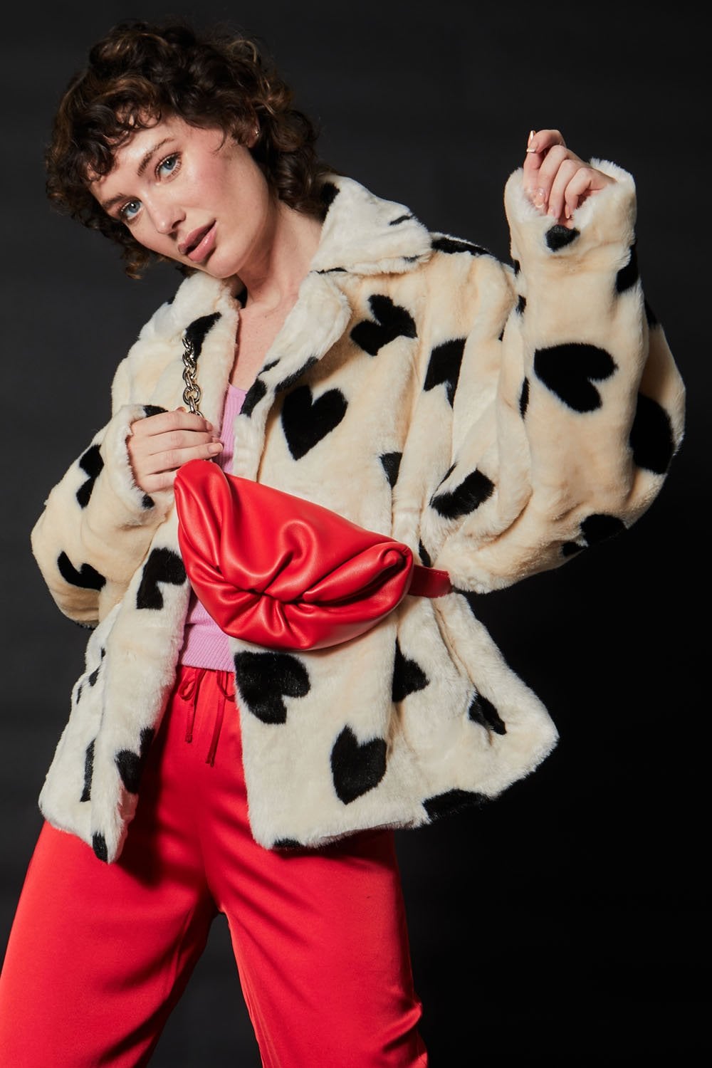Jayley White lucy love heart cropped faux fur coat