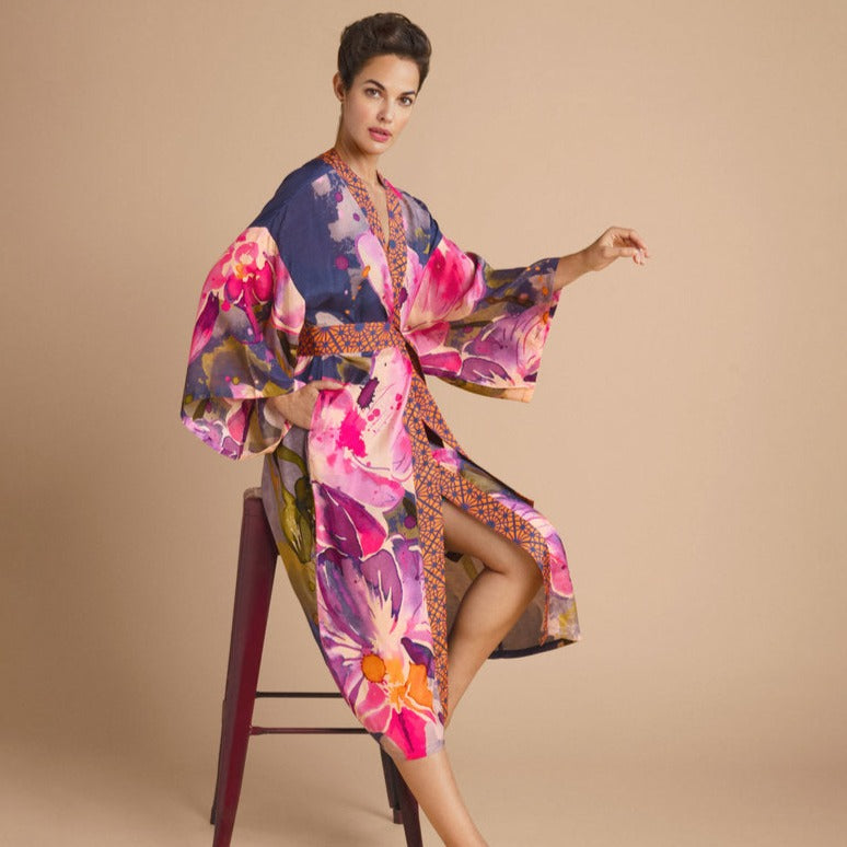 Powder Denim Orchid Long Kimono Gown