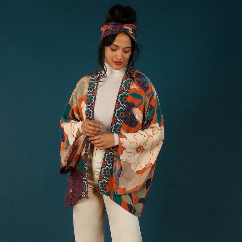 Powder Winter Floral Terracotta kimono jacket short