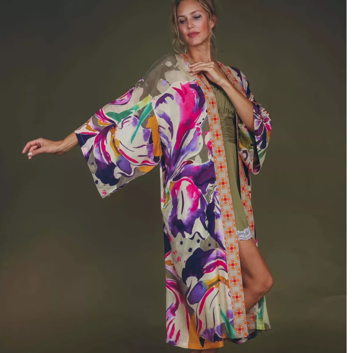 Powder Iris Sage Long Kimono Gown