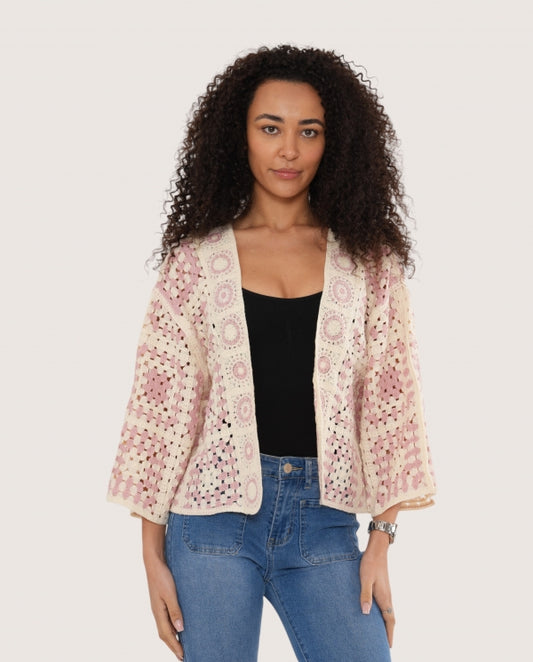 Italian collection crotchet knit kimono jacket -pink