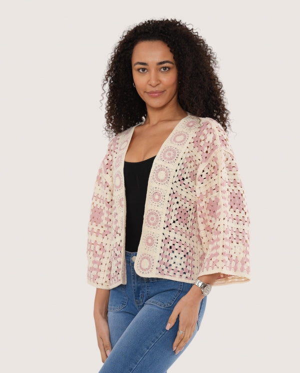 Italian collection crotchet knit kimono jacket -pink