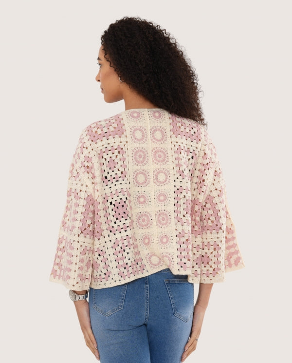 Italian collection crotchet knit kimono jacket -pink