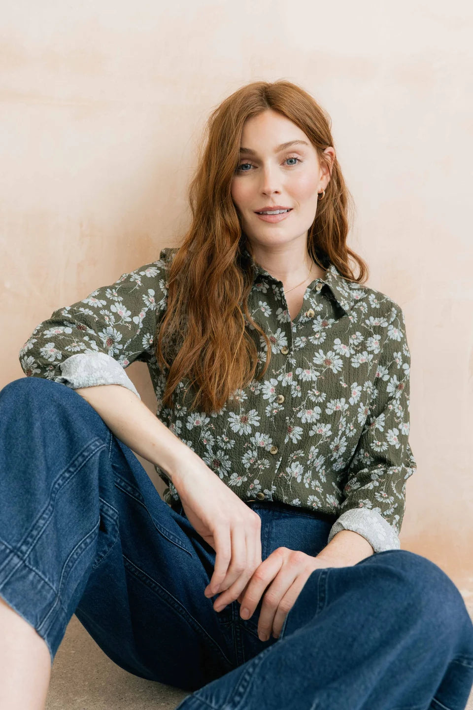 Lily and me Patsy Textured Crepe Printed Shirt Olive