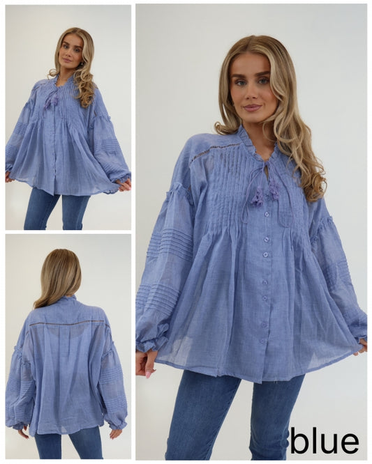 Italian collection Pintuck Pleat Ladder Panel Gypsy Blouse