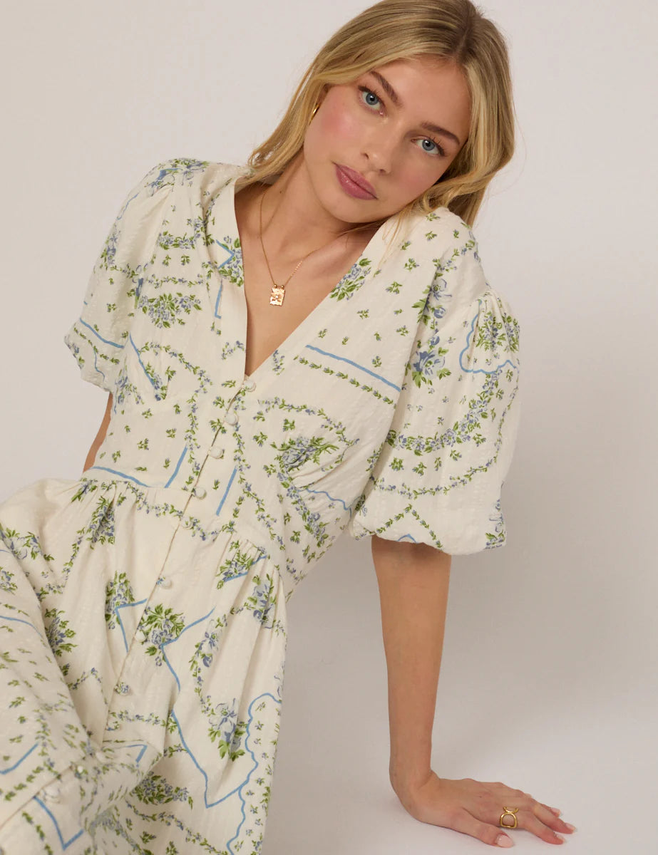 Nobody's child White Short Sleeve Floral Starlight Midi Dress