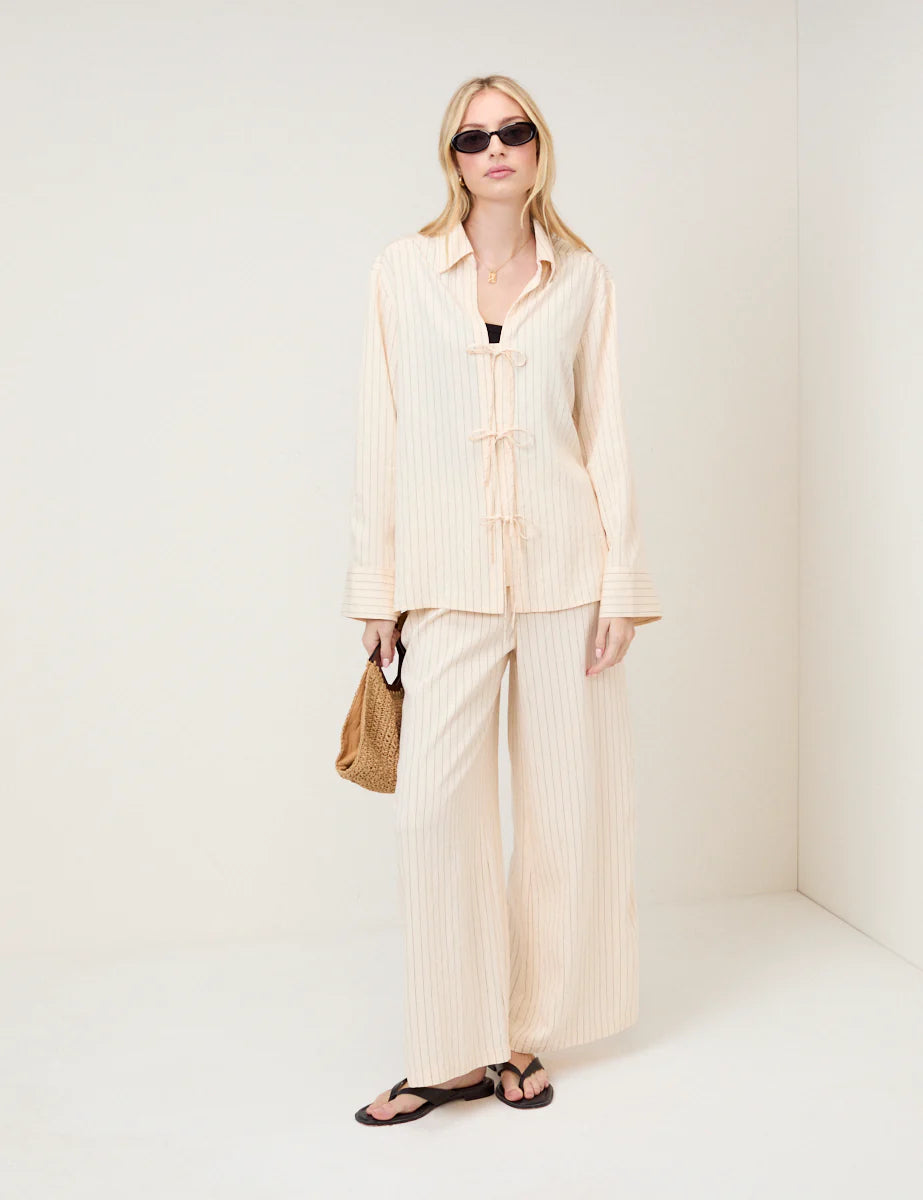 Nobody's Child Cream Pinstripe Tie Front Shirt