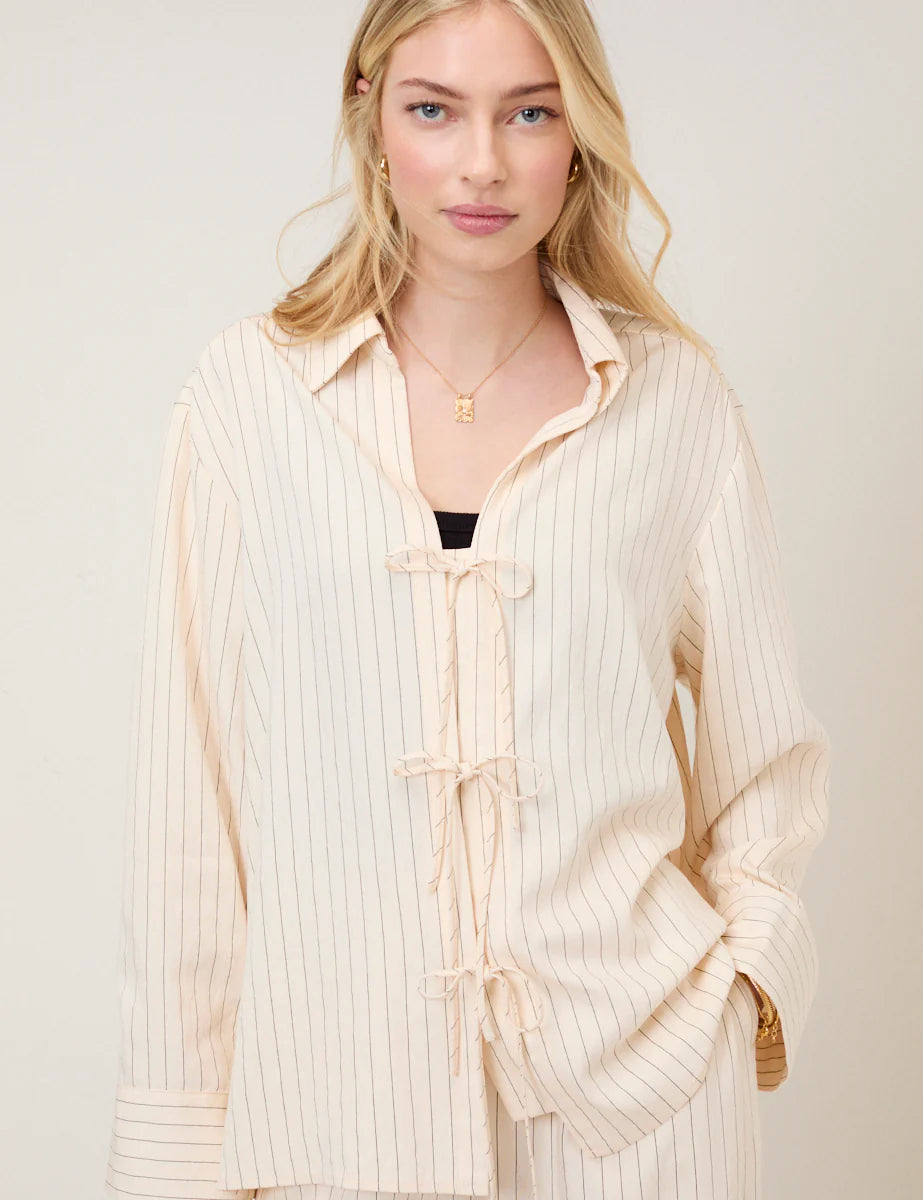 Nobody's Child Cream Pinstripe Tie Front Shirt