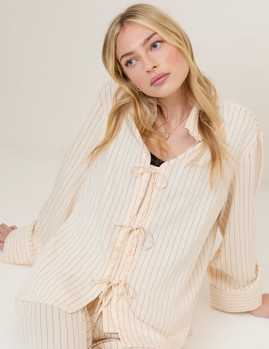 Nobody's Child Cream Pinstripe Tie Front Shirt