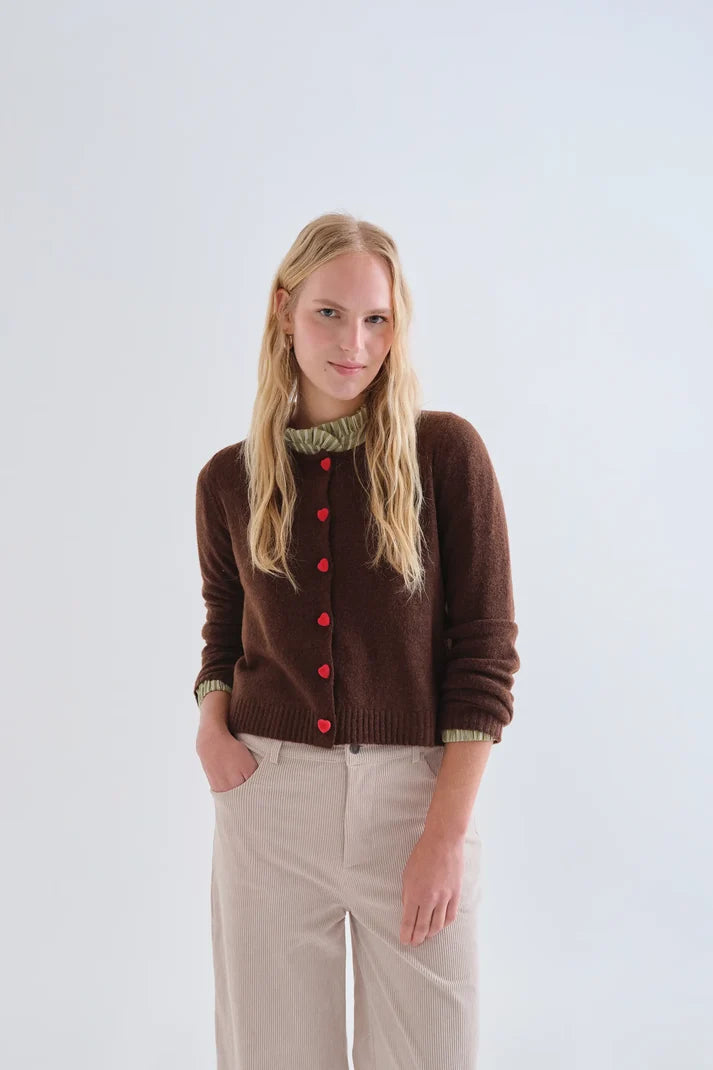 Compania Fantastica Brown cardigan with red heart buttons