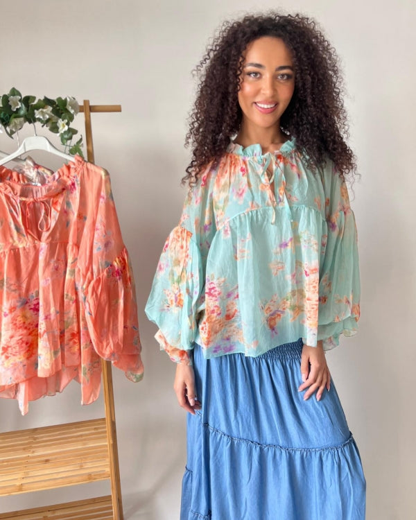 Italian collcetion Vintage Floral Flouncy Sleeve Blouse