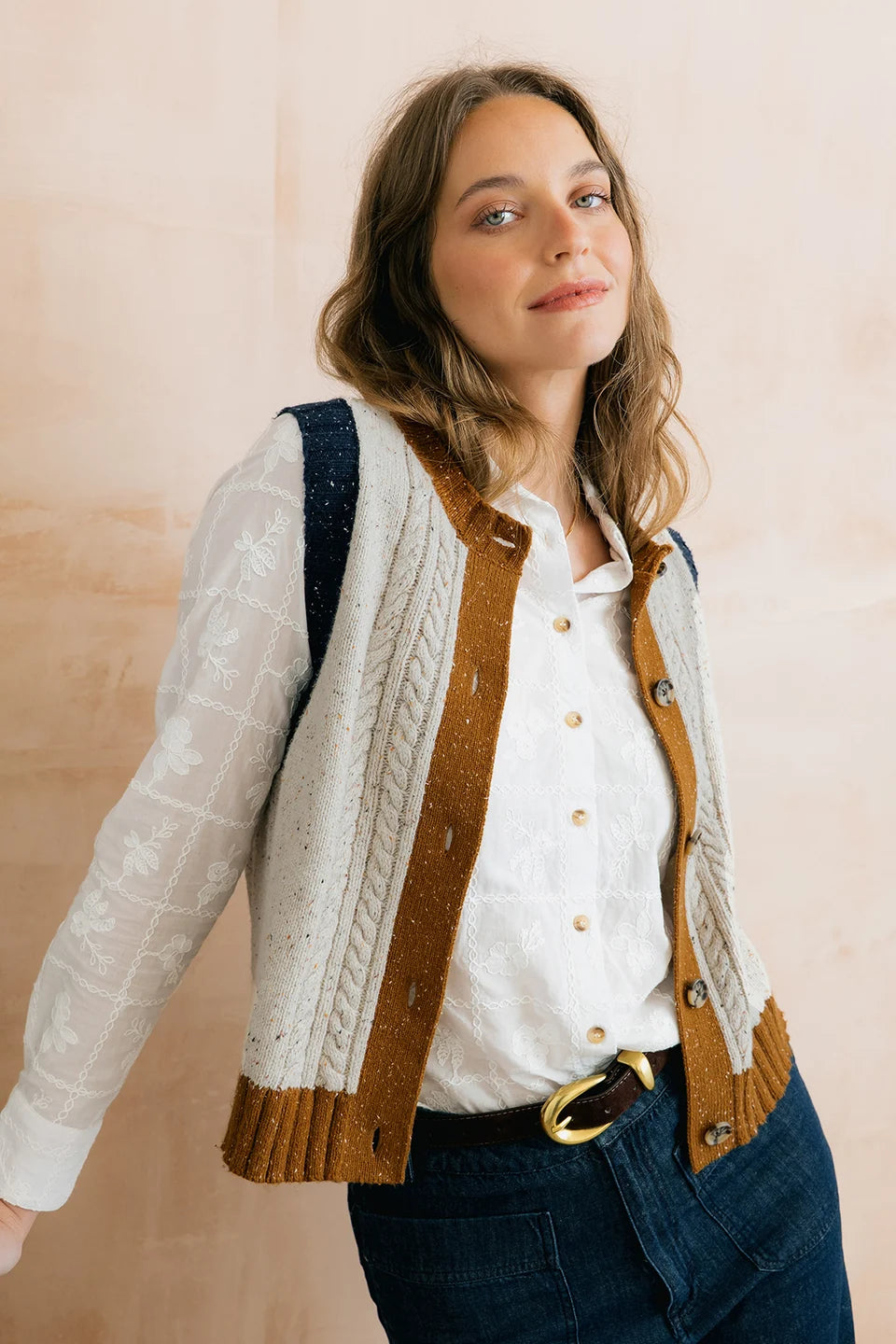 Lily and me Grove Colour Block Knitted Waistcoat Ecru