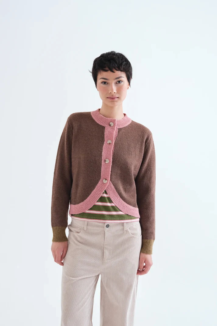 Compania Fantastica Brown and pink two-tone knit cardigan