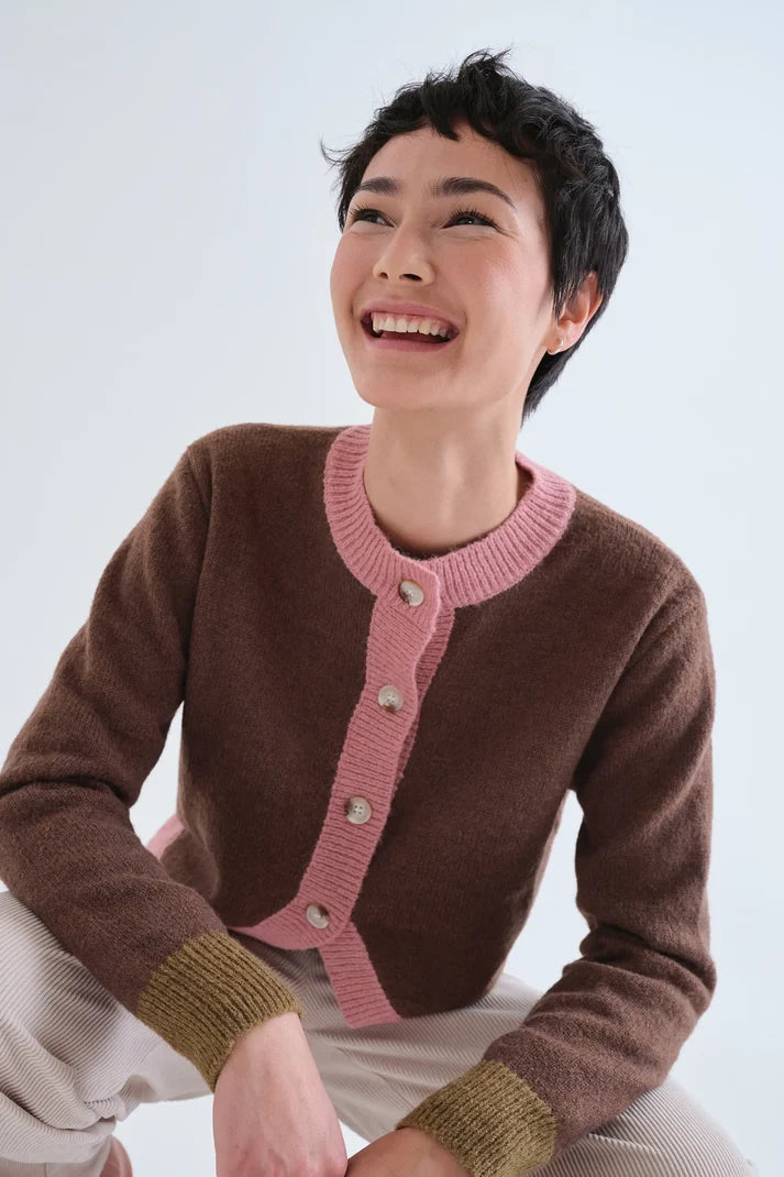 Compania Fantastica Brown and pink two-tone knit cardigan