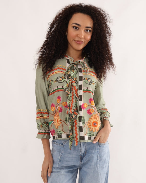 Italian collection bohemian folk floral print tie blouse