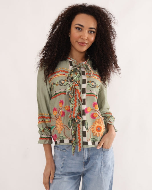 Italian collection bohemian folk floral print tie blouse