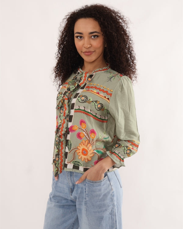 Italian collection bohemian folk floral print tie blouse