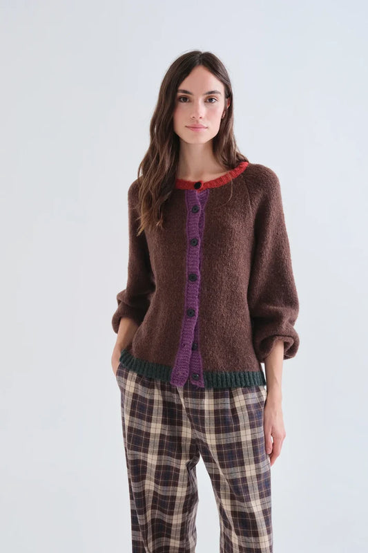 Compania Fantastica Brown knit cardigan with multi-color details