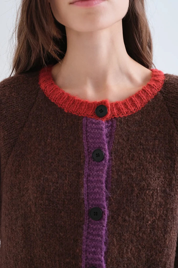 Compania Fantastica Brown knit cardigan with multi-color details