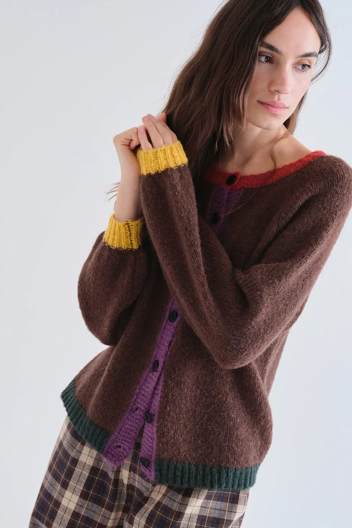 Compania Fantastica Brown knit cardigan with multi-color details