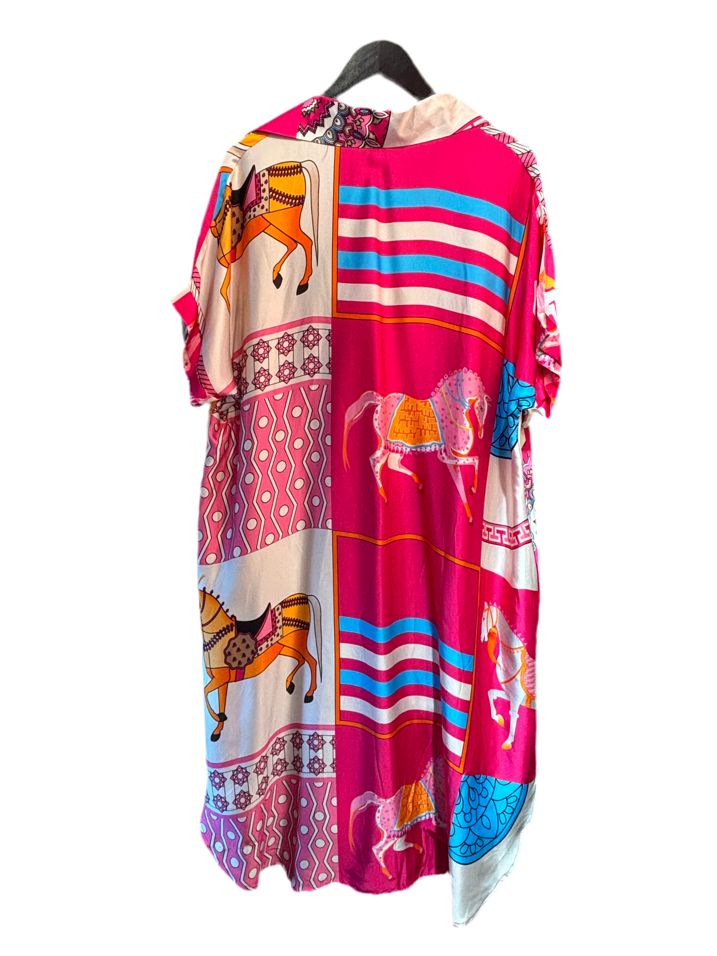 Luxe 'hermes' Style Horse Print Stylish Silk Viscose Blend Open Neck Shirt Dress with Pockets
