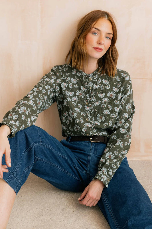 Lily and me Rachel Frill Textured Crepe Printed Blouse Olive