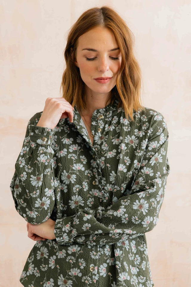 Lily and me Rachel Frill Textured Crepe Printed Blouse Olive