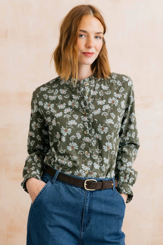 Lily and me Rachel Frill Textured Crepe Printed Blouse Olive