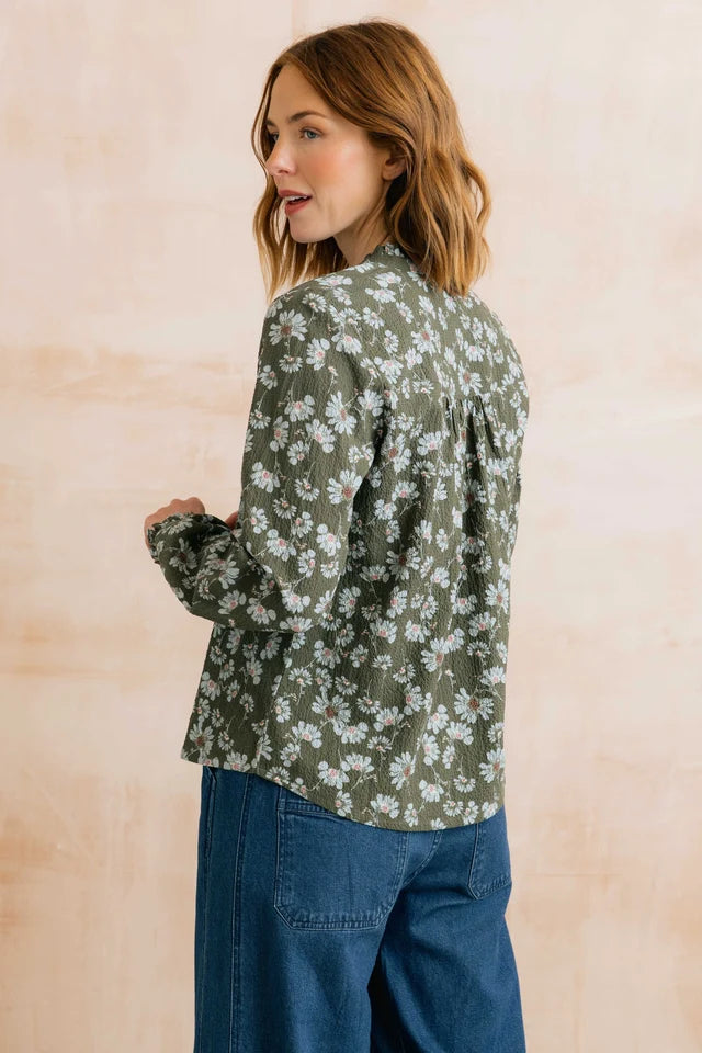Lily and me Rachel Frill Textured Crepe Printed Blouse Olive