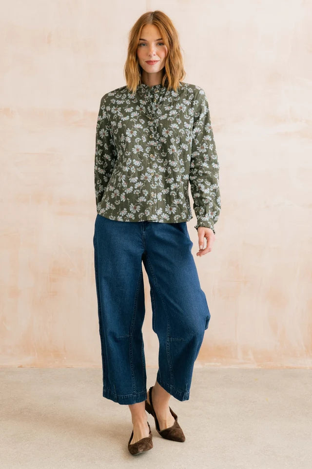 Lily and me Rachel Frill Textured Crepe Printed Blouse Olive