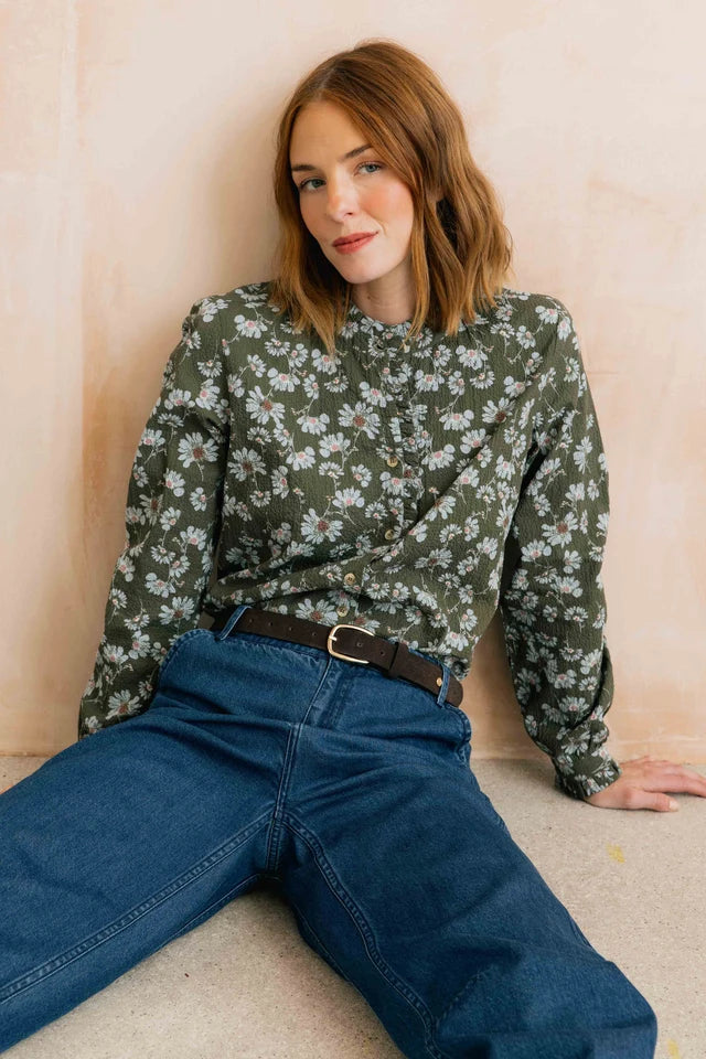 Lily and me Rachel Frill Textured Crepe Printed Blouse Olive