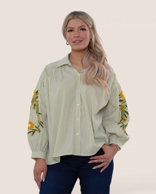 Italian collection pinstripe embroidered sleeve shirt