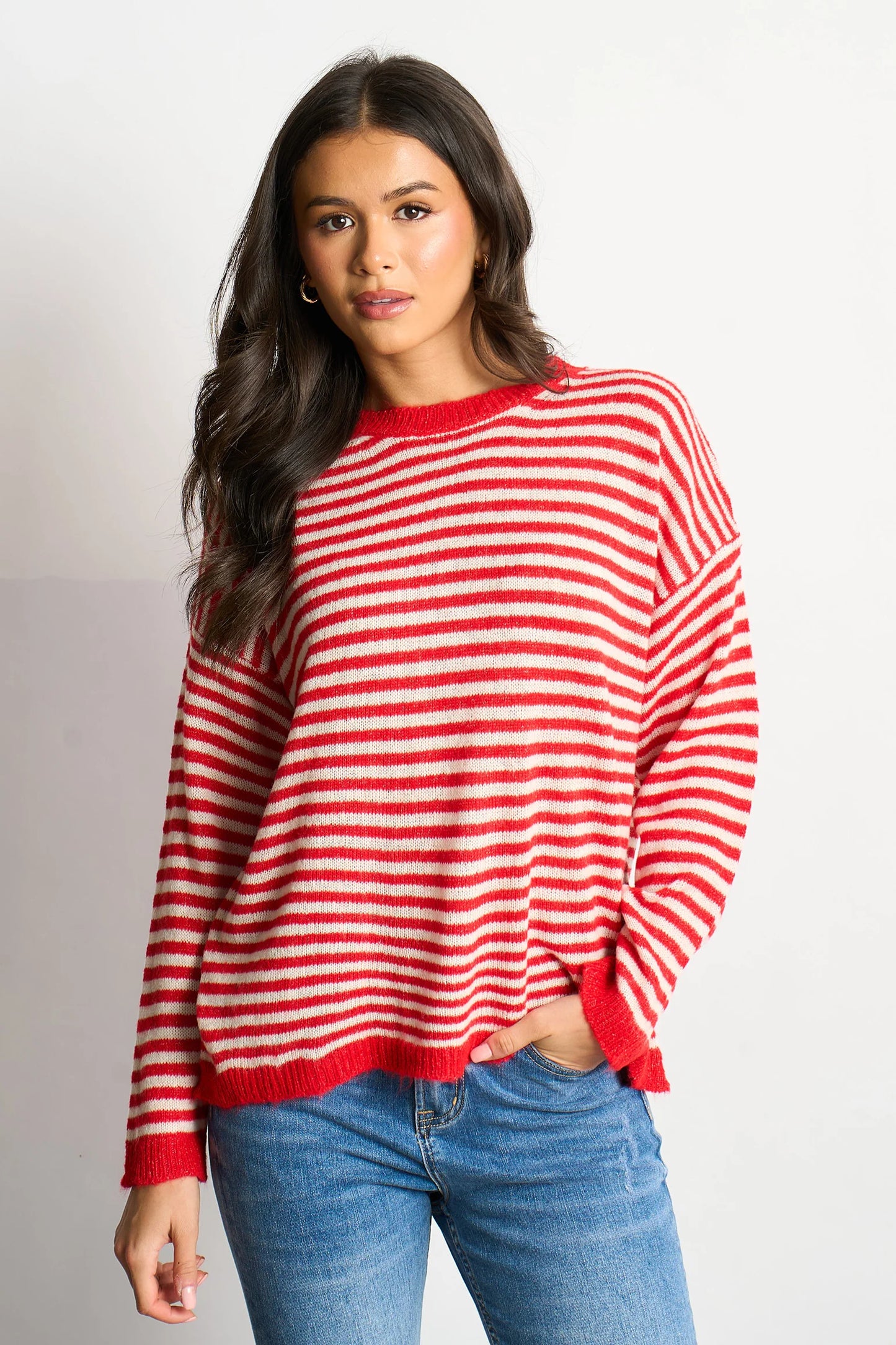 Miss Short hair Striped Long Sleeve Italian Wool Blend Jumper in Red/Cream