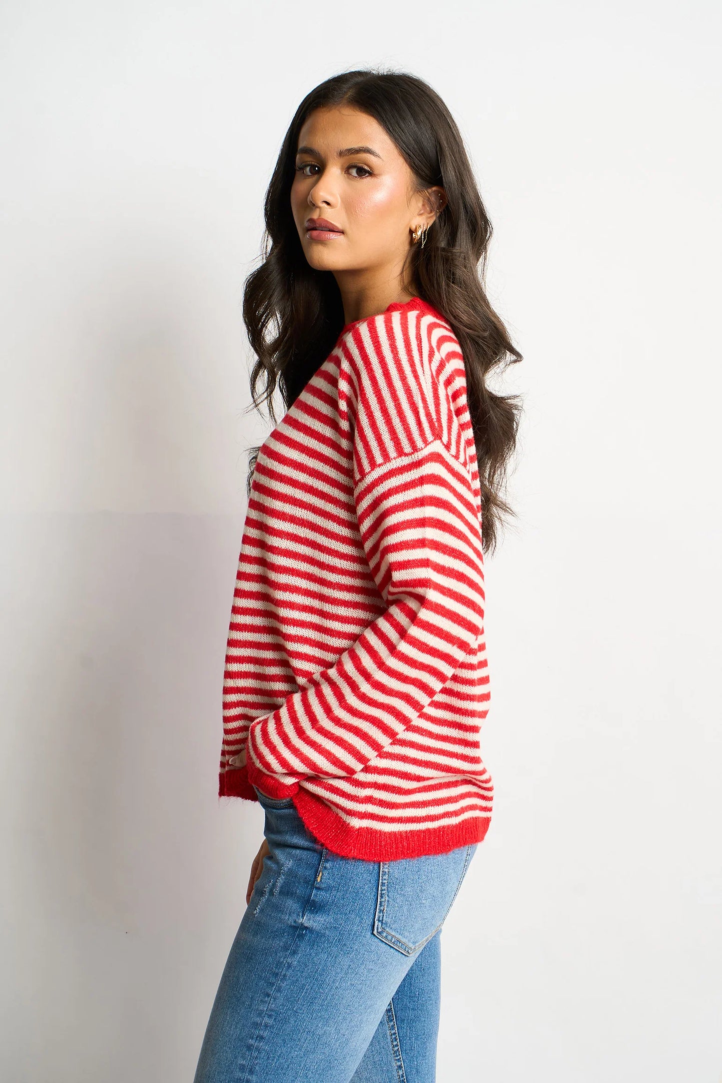 Miss Short hair Striped Long Sleeve Italian Wool Blend Jumper in Red/Cream