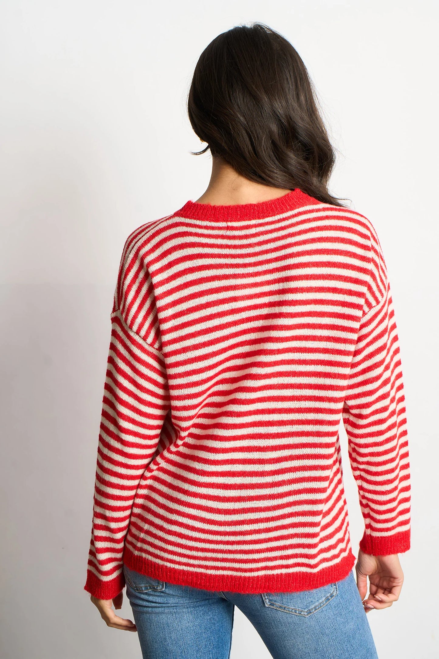 Miss Short hair Striped Long Sleeve Italian Wool Blend Jumper in Red/Cream