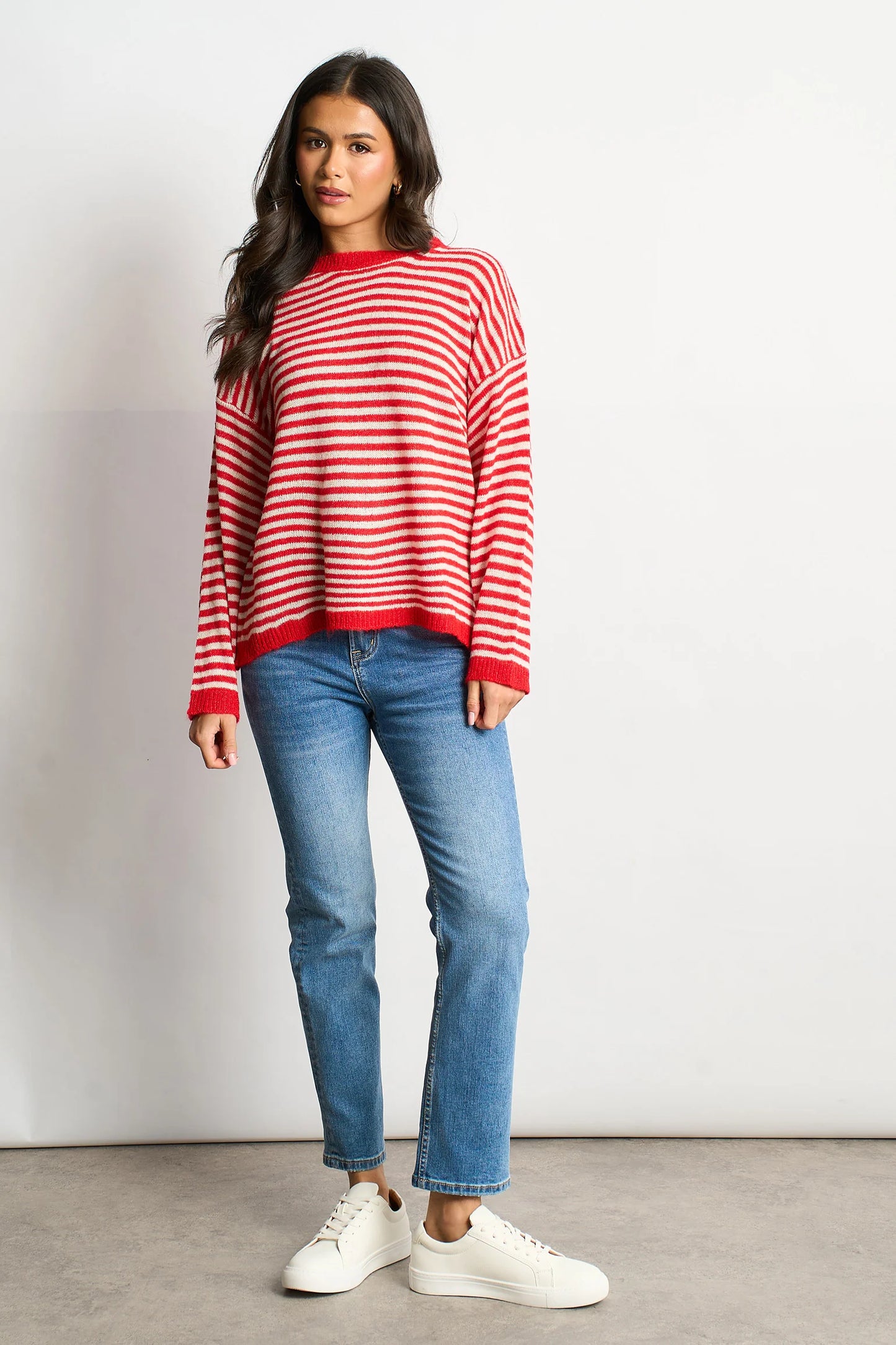 Miss Short hair Striped Long Sleeve Italian Wool Blend Jumper in Red/Cream