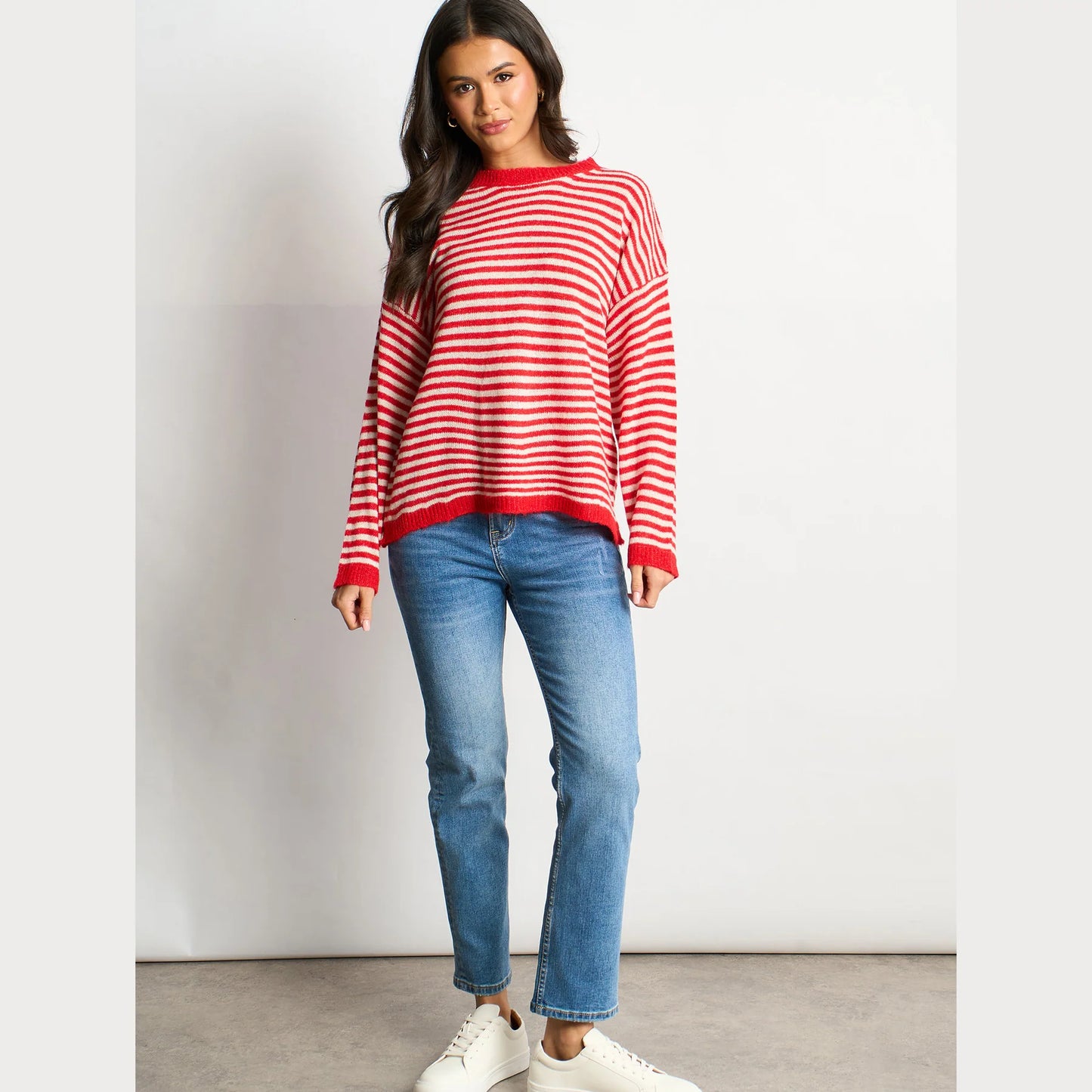 Miss Short hair Striped Long Sleeve Italian Wool Blend Jumper in Red/Cream