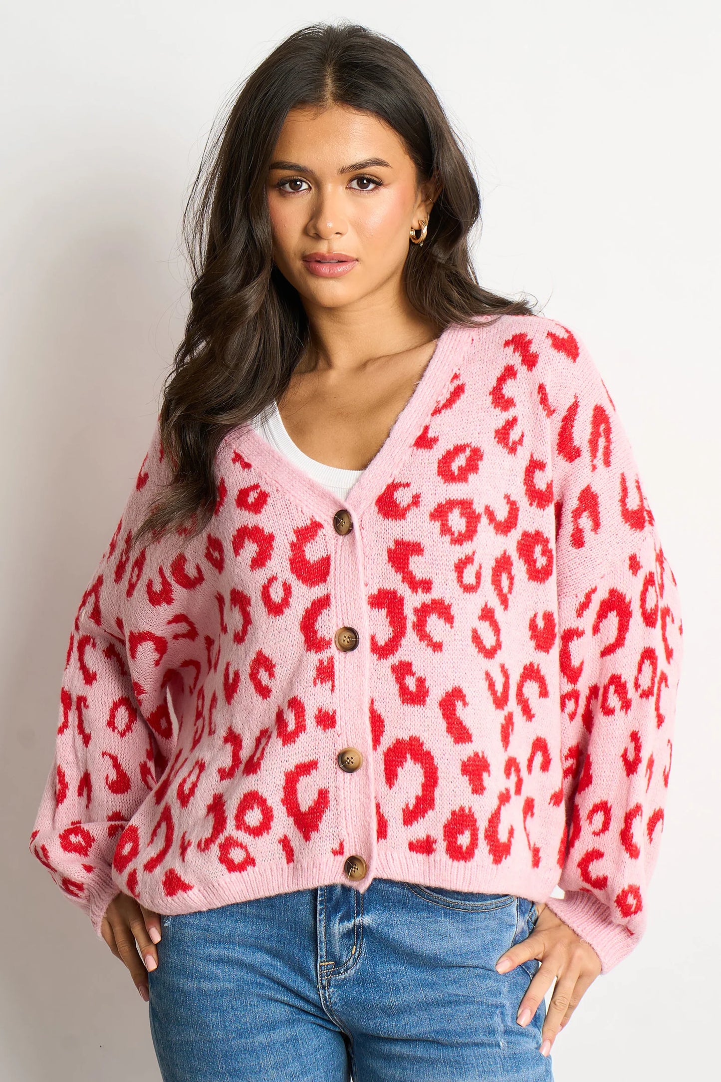 Miss Short hair Leopard Print Italian Wool Blend Cardigan in Pink/Red